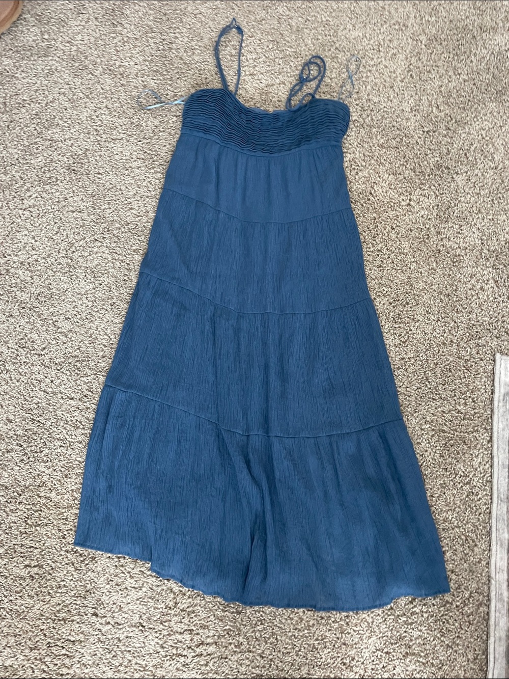 Women’s Blue Tiered Midi Dress with Smocked Bodice
